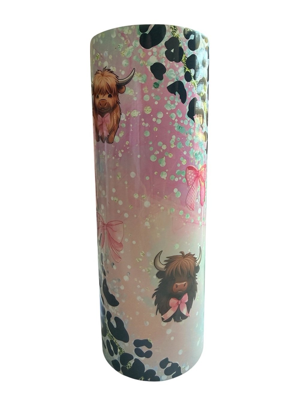 Pink Highland Cow Insulated personalized tumbler - Cute Bow Design